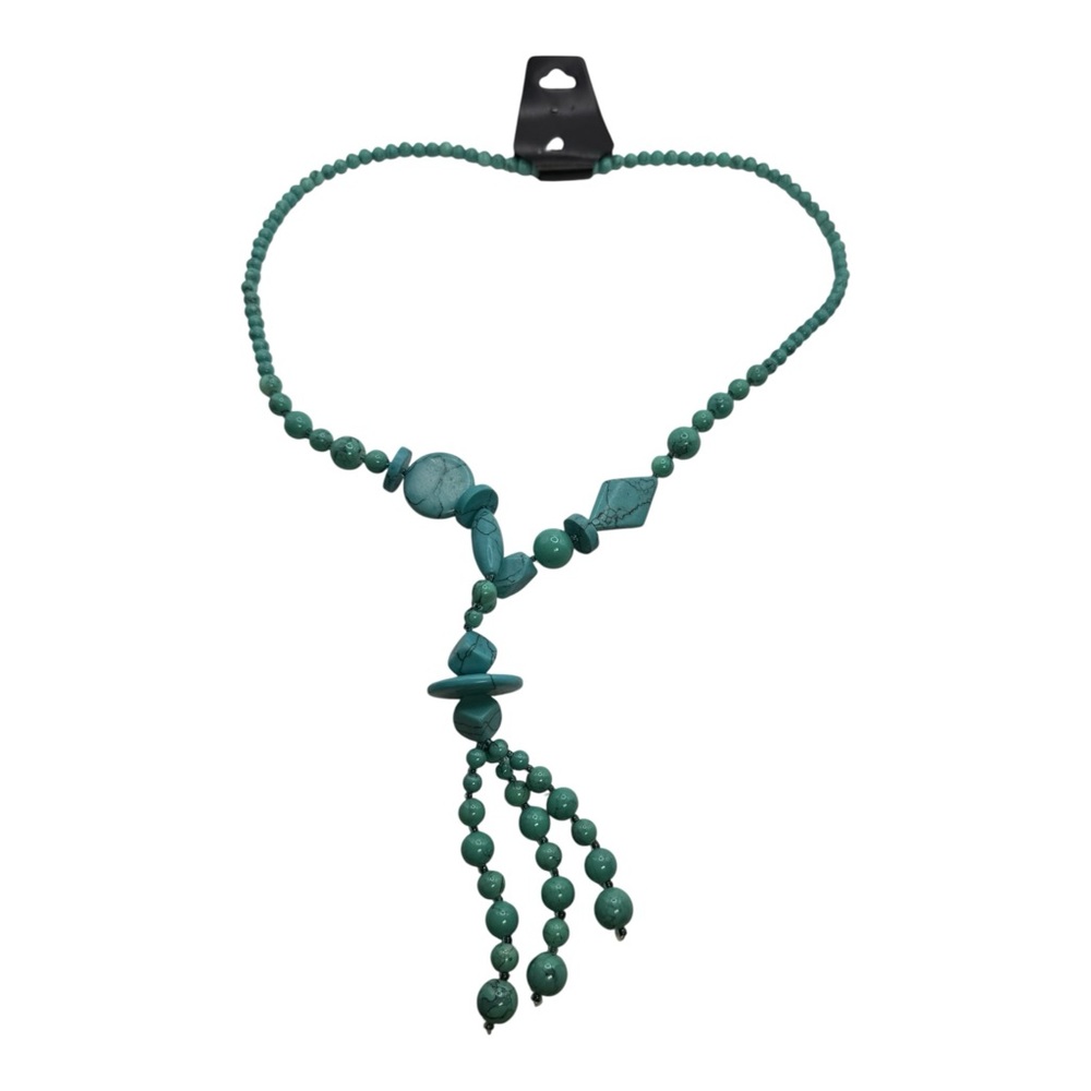 Turquoise Beaded Statement Necklace with Tassel – Multi-Shape‎ Stone Look